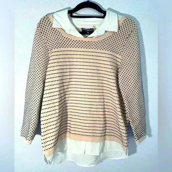 Karl Lagerfeld Medium Long Sleeve Cream and Black Layered Pullover Sweater Top - Picture 1 of 7